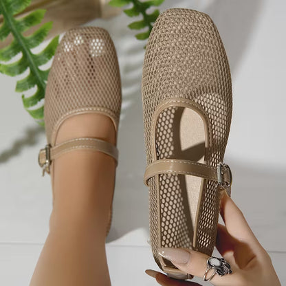 Zapatos Mary Jane Cómodos para Mujeres con Correa de Hebilla de Malla Tejida Estilo Plano