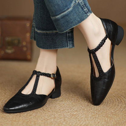 Elegantes Flats de Cuero con Estampado de Cocodrilo y T-Strap para Mujeres con Punta Afilada y Tacón Bloque