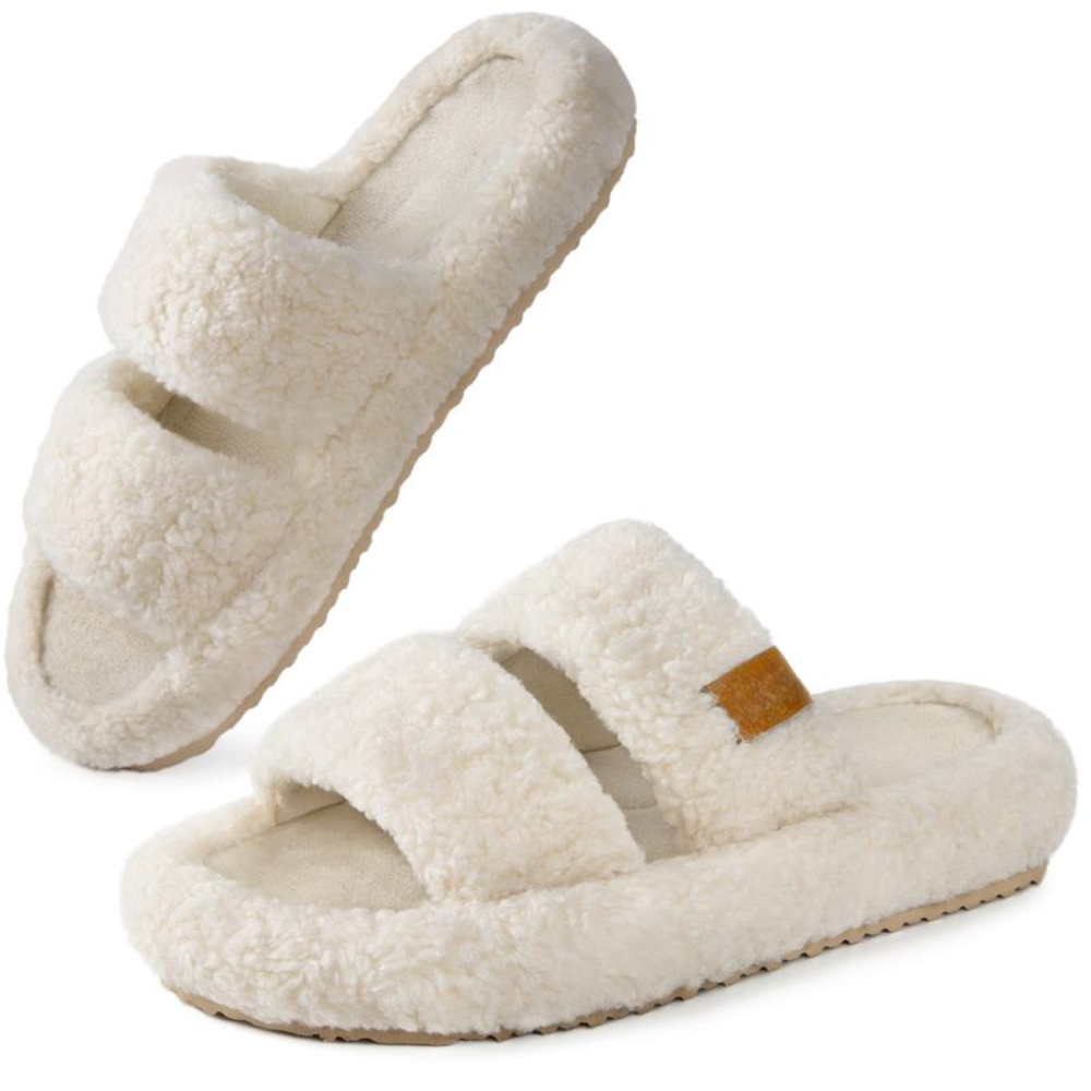 Zapatillas Cómodas con Soporte para el Arco para Mujeres con Doble Correa de Piel Sintética y Plantilla Contorneada Estilo Abierto