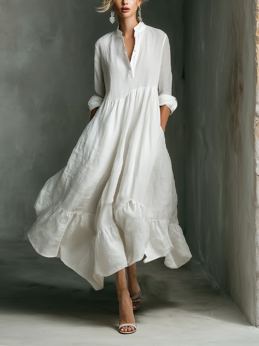 Vestido Maxi Blanco Sin Esfuerzo para Mujeres con Cuello Alto y Botones, Manga Larga, Estilo Casual de Lino con Volantes