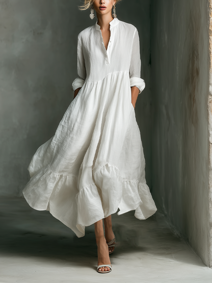 Vestido Maxi Blanco Sin Esfuerzo para Mujeres con Cuello Alto y Botones, Manga Larga, Estilo Casual de Lino con Volantes