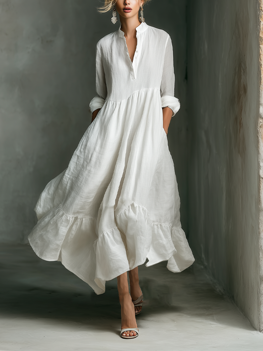 Vestido Maxi Blanco Sin Esfuerzo para Mujeres con Cuello Alto y Botones, Manga Larga, Estilo Casual de Lino con Volantes