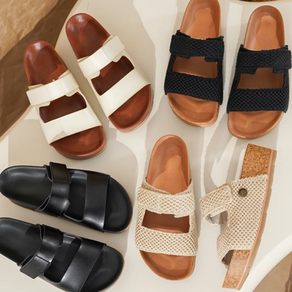 Sandalias Deslizantes Cómodas para Mujeres con Plataforma de Corcho de Doble Correa Tejida y Punta Abierta