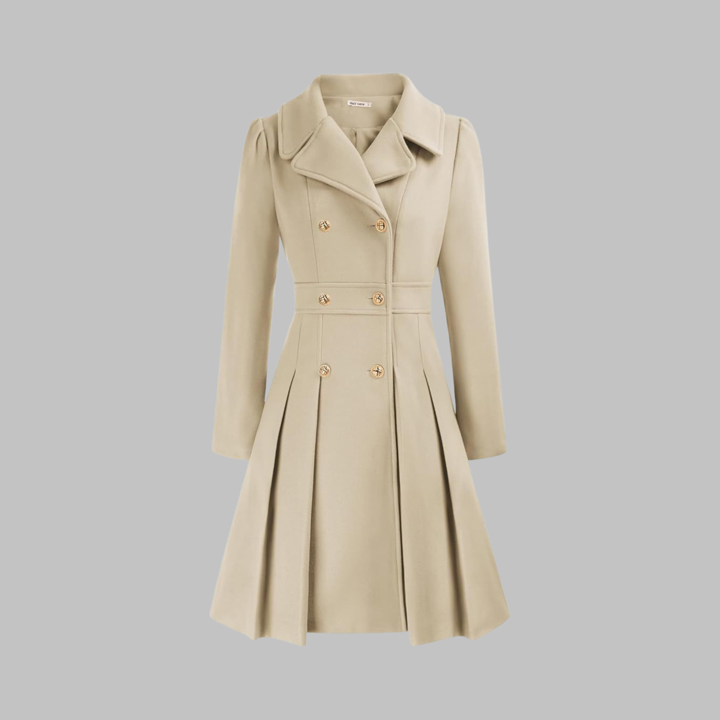 Abrigo de mezcla de lana elegante para mujeres con solapa de muesca, manga larga, doble botonadura y estilo acampanado con pliegues