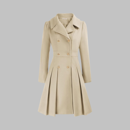 Abrigo de mezcla de lana elegante para mujeres con solapa de muesca, manga larga, doble botonadura y estilo acampanado con pliegues