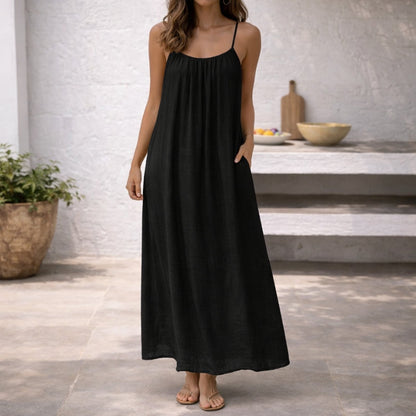 Vestido Maxi de Lino Sin Esfuerzo para Mujeres con Escote Redondo y Tirantes de Espagueti en Estilo Bohemio