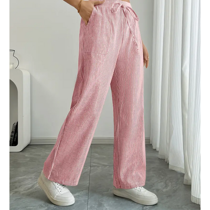 Pantalones Anchos a Rayas para Mujeres con Cintura Alta y Cuerda, Estilo Casual Relajado