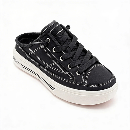 Mules Cómodas para Mujeres con Parte Superior de Lona Sin Talón Estilo Sneaker Bajo con Cordones