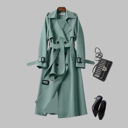 Abrigo Trench Elegante para Mujeres con Solapa Cortada, Manga Larga, Doble Botonadura y Cinturón, Estilo Fluido