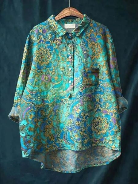 Blusa Floral Impresa Sin Esfuerzo para Mujeres con Cuello, Manga Larga, Botones en el Frente, Estilo Relajado