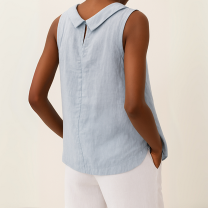 Blusa de Lino Sin Esfuerzo para Mujeres con Cuello Drapado, Sin Mangas y Dobladillo Curvo, Estilo Casual