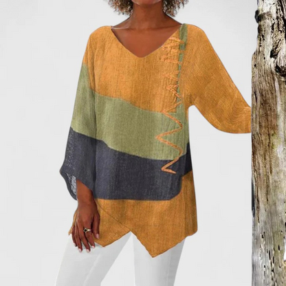 Túnica de Lino Colorblock Sin Esfuerzo para Mujeres con Cuello en V, Manga Murciélago y Dobladillo Asimétrico Estilo Bohemio