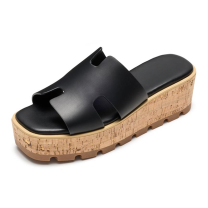 Sandalias de Playa Cómodas para Mujeres con Tira Ancha Cortada y Plataforma de Corcho Abierta