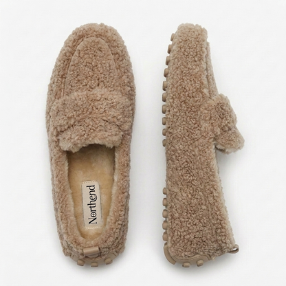 Zapatos de Casa Cómodos para Mujeres con Parte Superior de Piel Sintética Rizada, Estilo Mocasín, Suela de Goma, Slip On