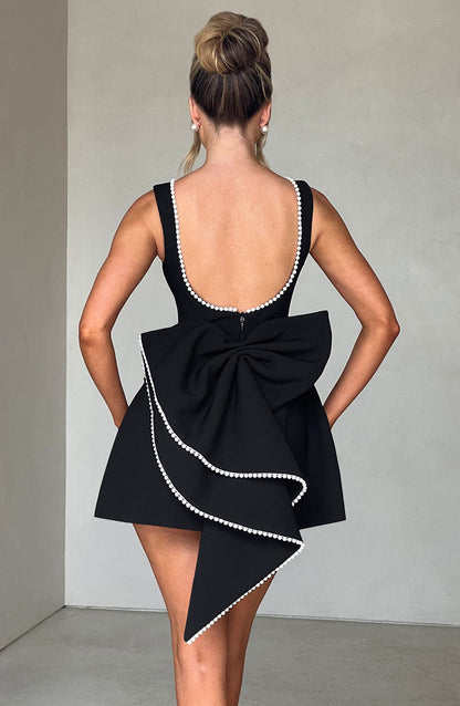 Vestido Mini Elegante con Ribete de Perlas y Lazo para Mujeres con Cuello Barco Sin Mangas Estilo Cóctel
