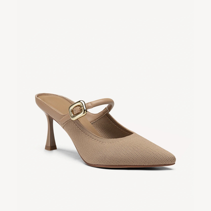 Mules Elegantes con Tacón para Mujeres con Punta Afila y Correa de Hebilla, Estilo Slip On con Tacón Bajo