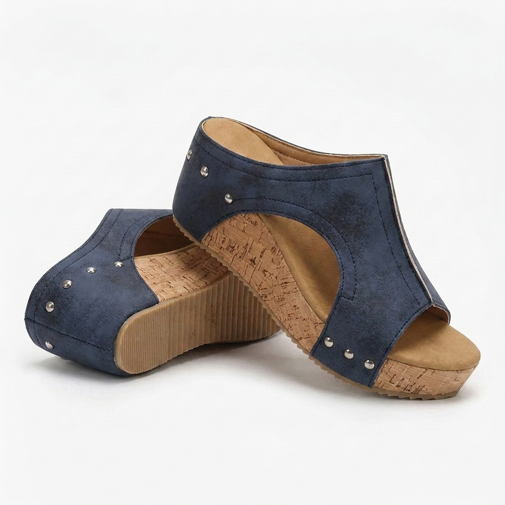 Sandalias Wedge Cómodas para Mujeres con T Strap de Tachuelas y Plataforma de Corcho con Punta Abierta