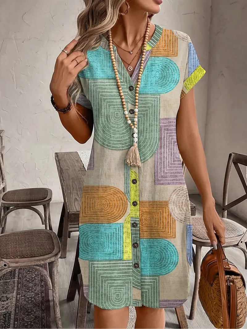 Vestido Camisero Geométrico Multicolor Sin Esfuerzo para Mujeres con Cuello, Manga Corta y Botones Estilo Boho