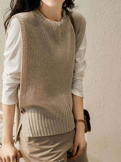 Chaleco de Suéter Acanalado Cómodo para Mujeres con Cuello Redondo Sin Mangas Estilo Oversized