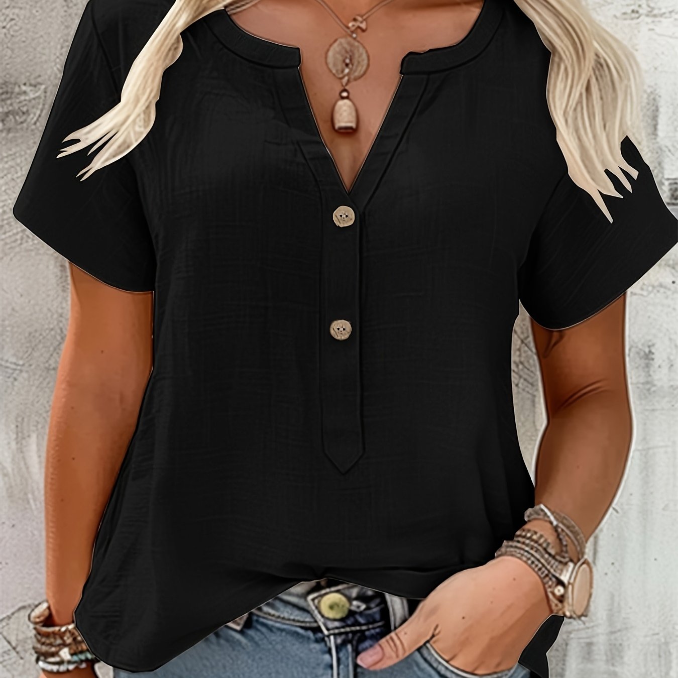 Blusa Texturizada Sin Esfuerzo para Mujeres con Escote en V Notch, Manga Corta, Estilo Relajado y Botones en la Parte Frontal