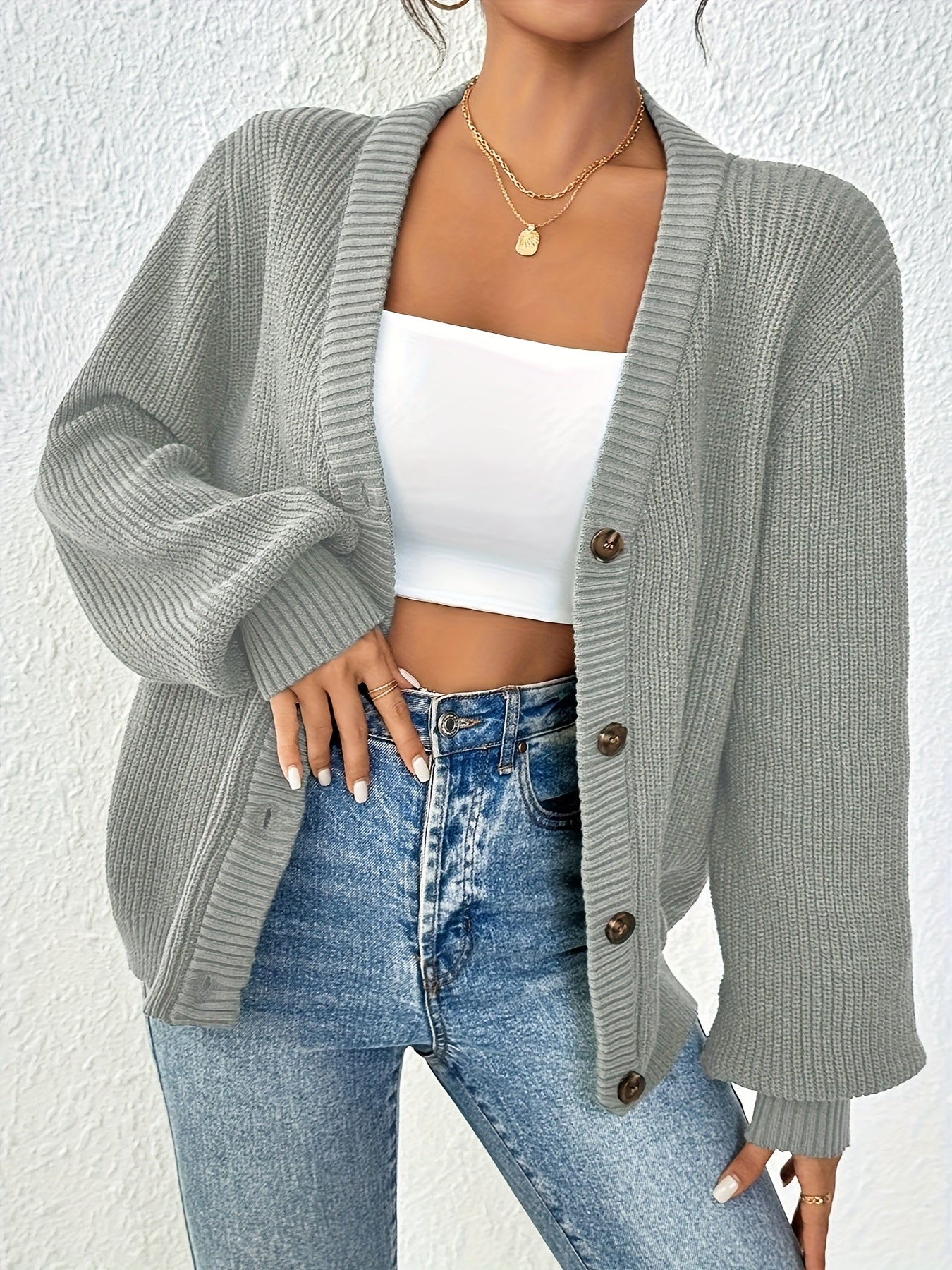 Cárdigan de Punto Acanalado Cómodo para Mujeres con Cuello en V, Mangas Globo, Botones en la Parte Frontal y Estilo Oversized
