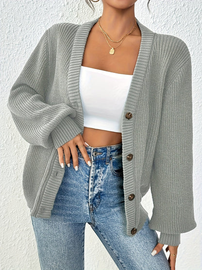 Cárdigan de Punto Acanalado Cómodo para Mujeres con Cuello en V, Mangas Globo, Botones en la Parte Frontal y Estilo Oversized