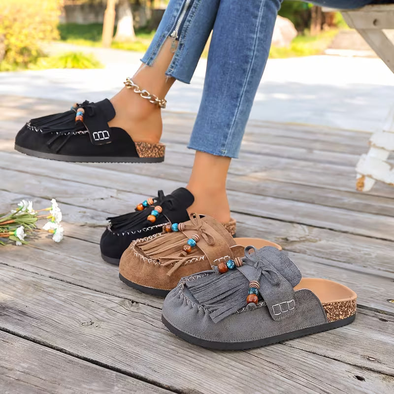 Mules Elegantes para Mujeres con Flecos, Borlas, Cuentas y Estilo Mocasín Slip On
