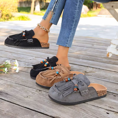Mules Elegantes para Mujeres con Flecos, Borlas, Cuentas y Estilo Mocasín Slip On
