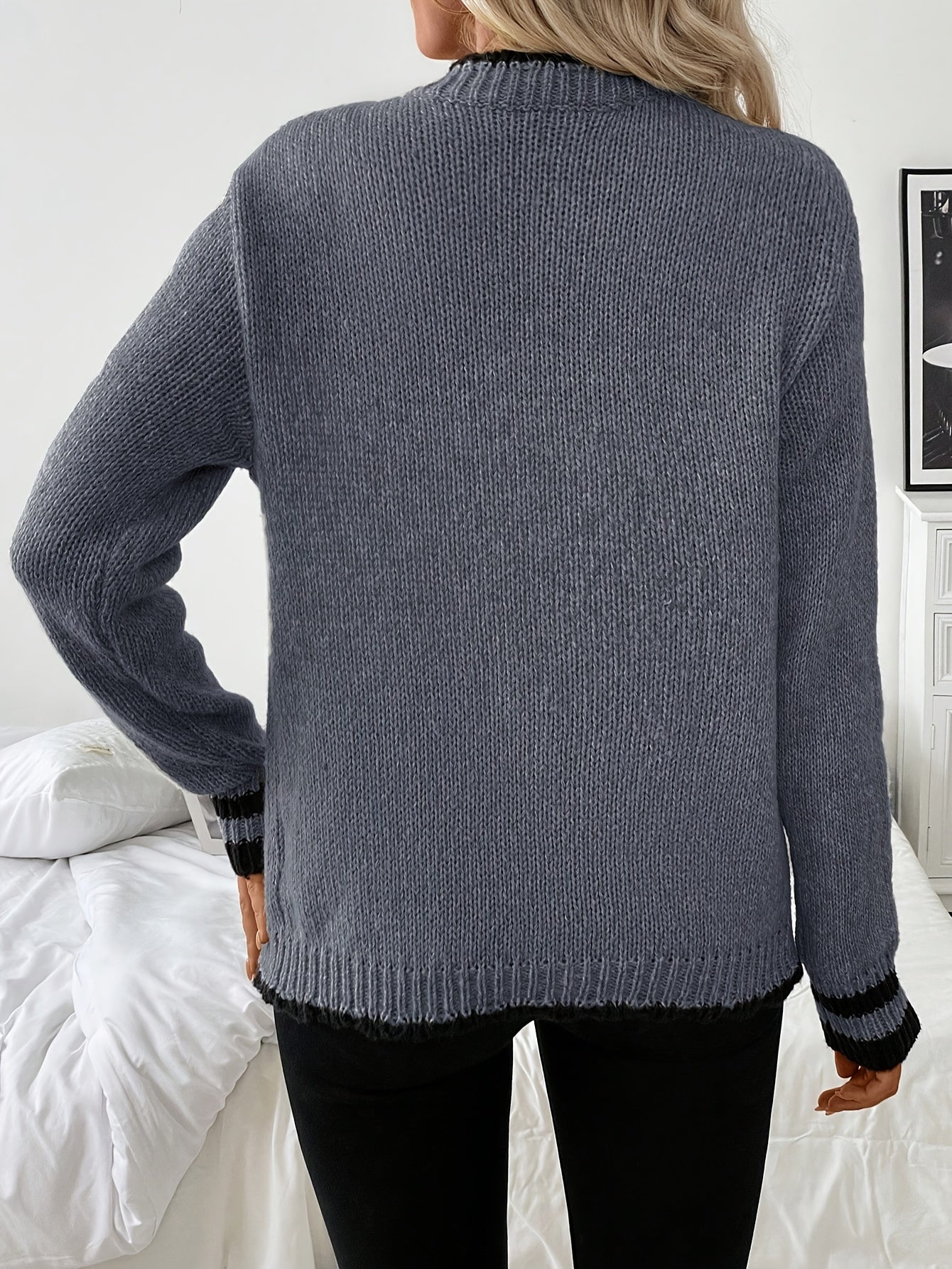 Suéter Cardigan de Contraste Cómodo para Mujeres con Cuello en V, Manga Larga y Botones en la Parte Frontal, Estilo de Punto Acanalado