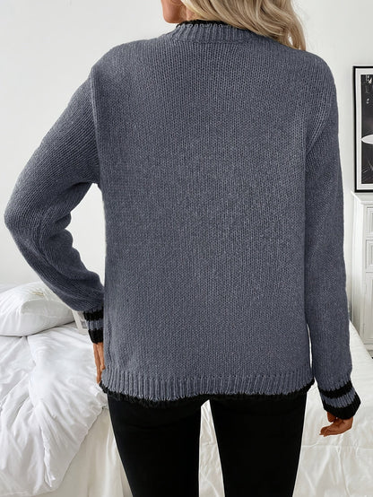 Suéter Cardigan de Contraste Cómodo para Mujeres con Cuello en V, Manga Larga y Botones en la Parte Frontal, Estilo de Punto Acanalado