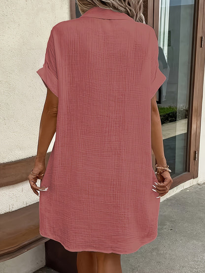 Vestido Camisa Texturizado Sin Esfuerzo para Mujeres con Cuello, Manga Corta, Botones Frontales, Estilo Casual Relajado