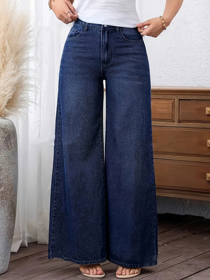 Jeans Anchos Azules de Cintura Alta y Estilo Fluido para Mujeres
