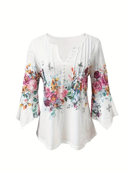 Blusa Floral Blanca Elegante para Mujeres con Cuello en V, Mangas de Campana y Estilo Fluido