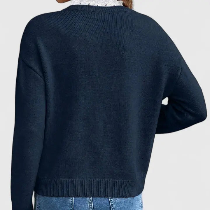 Suéter Cómodo con Encaje para Mujeres con Cuello en V y Mangas Largas Estilo Oversized