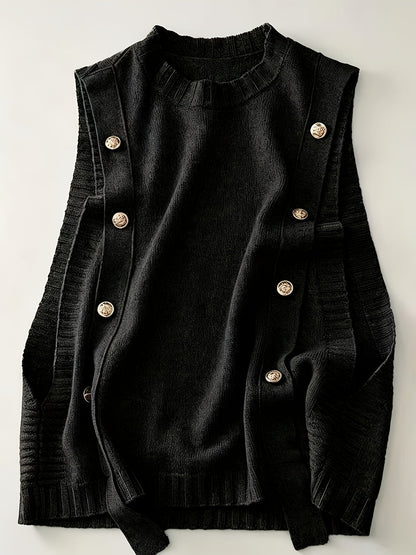 Chaleco de Suéter Cómodo para Mujeres con Cuello Redondo Sin Mangas y Detalle de Botones en Estilo Relajado y Oversized