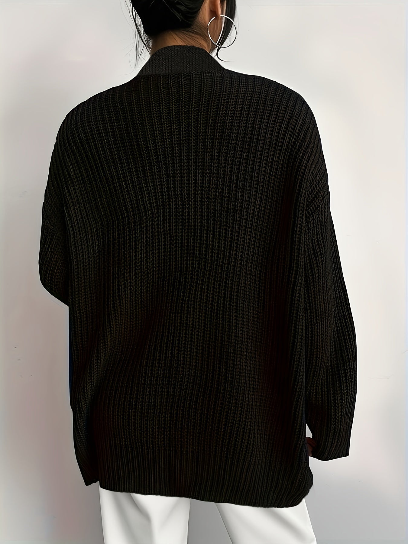 Cárdigan Negro de Punto Cómodo para Mujeres con Frente Abierto, Manga Larga, Estilo Oversized y Bolsillos