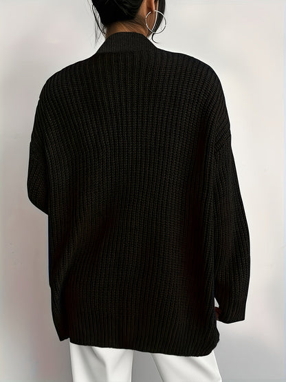 Cárdigan Negro de Punto Cómodo para Mujeres con Frente Abierto, Manga Larga, Estilo Oversized y Bolsillos