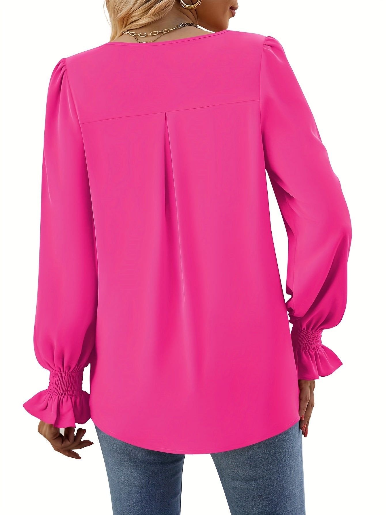 Blusa Sin Esfuerzo para Mujeres con Cuello en V, Manga Globo y Puños Fruncidos, Estilo Relajado