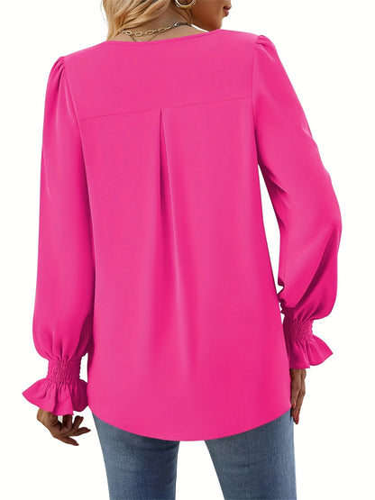 Blusa Sin Esfuerzo para Mujeres con Cuello en V, Manga Globo y Puños Fruncidos, Estilo Relajado