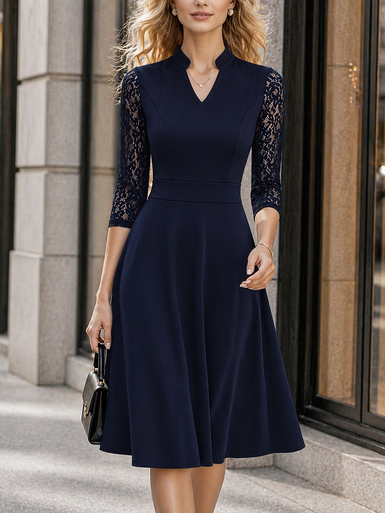 Vestido Midi Elegante con Encaje para Mujeres con Cuello en V Notch y Mangas Tres Cuartos, Estilo Fit and Flare para Cócteles