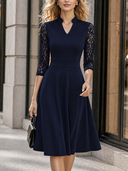 Vestido Midi Elegante con Encaje para Mujeres con Cuello en V Notch y Mangas Tres Cuartos, Estilo Fit and Flare para Cócteles