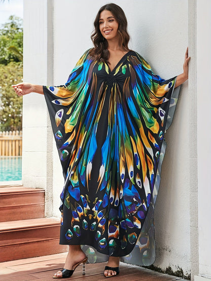 Elegante Kaftán Maxi de Impresión de Pavo Real Multicolor para Mujeres con Escote en V y Manga Murciélago Fluyente