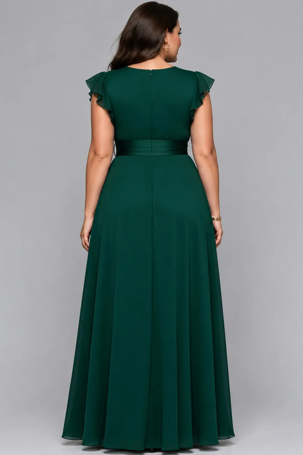 Elegante Vestido Maxi de Chiffon Verde Oscuro para Mujeres con Escote en V, Mangas de Volante y Cintura Ajustada, Estilo Formal para Invitadas de Boda