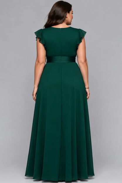 Elegante Vestido Maxi de Chiffon Verde Oscuro para Mujeres con Escote en V, Mangas de Volante y Cintura Ajustada, Estilo Formal para Invitadas de Boda