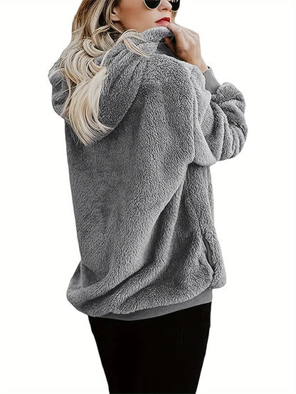 Sudadera cómoda de sherpa gris para mujeres con capucha, manga larga, cremallera de cuarto, estilo holgado y relajado