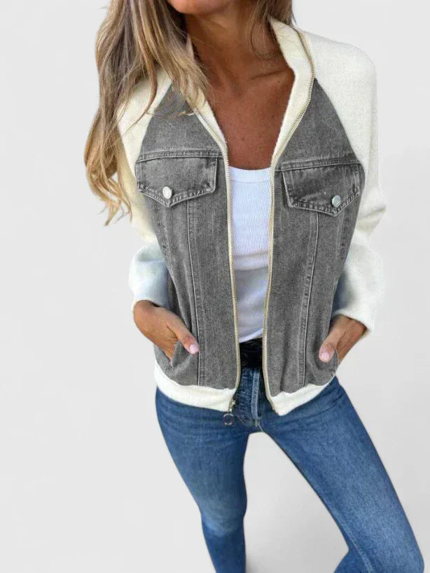Chaqueta Bomber de Denim Sin Esfuerzo para Mujeres con Cierre Frontal, Manga Larga, Estilo Casual a Rayas