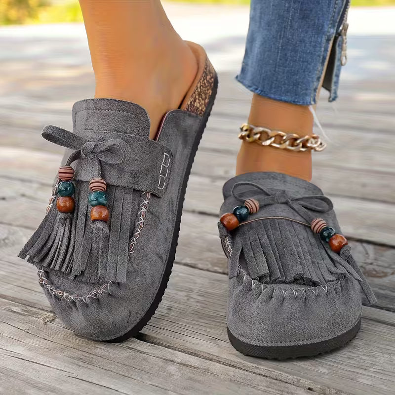 Mules Elegantes para Mujeres con Flecos, Borlas, Cuentas y Estilo Mocasín Slip On