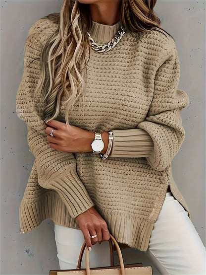 Suéter de Punto Texturizado Cómodo para Mujeres con Cuello Alto y Manga Larga en Estilo Relajado y Oversized