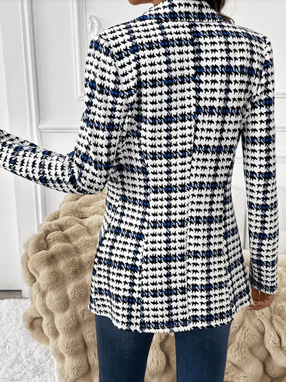 Blazer Elegante de Cuadros en Negro y Azul para Mujeres con Cuello de Muesca, Manga Larga, Ajuste a Medida, Estilo Casual de Un Solo Botón