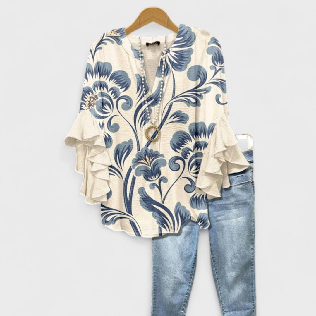 Blusa Floral Sin Esfuerzo para Mujeres con Escote en V, Manga de Campana y Volantes, Estilo Bohemio